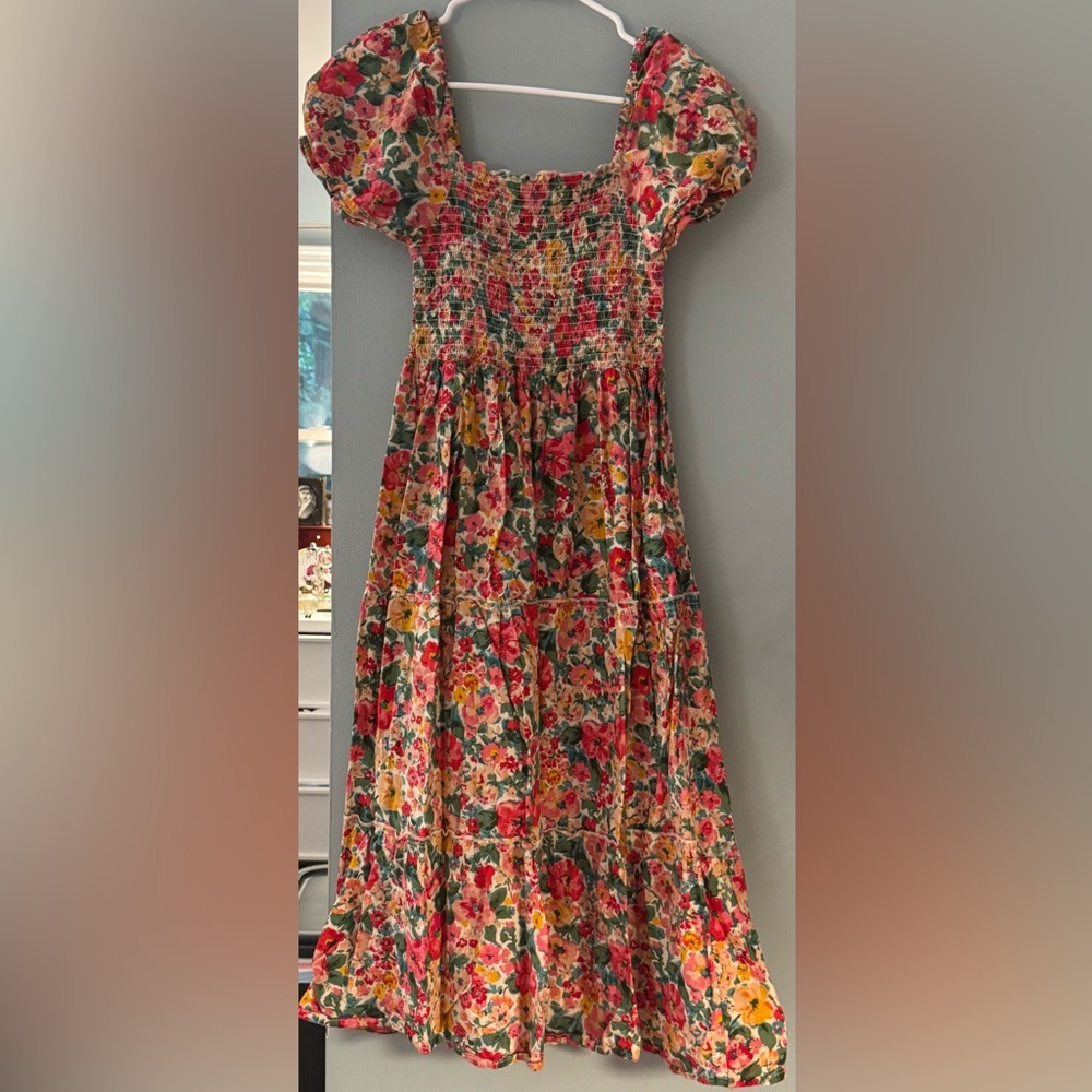 Smocked Floral Dress with Puff Sleeves